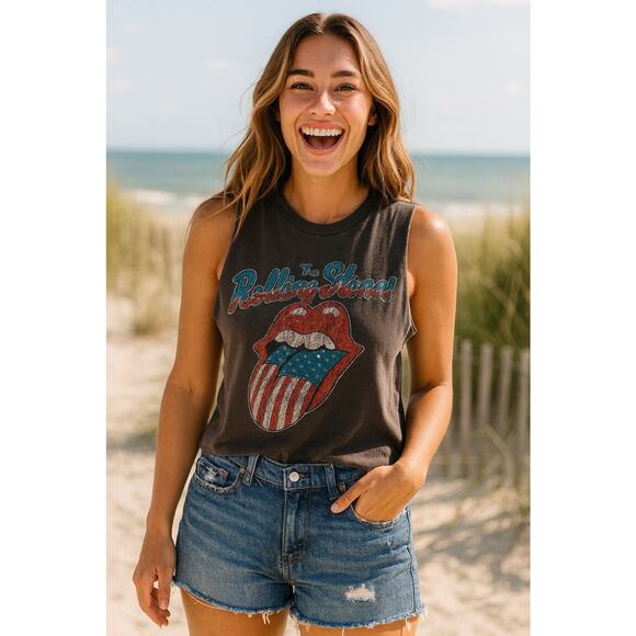 Rolling Stones Tops - Rolling Stones Distressed Cutoff Muscle Tank Top XS Rocker Grunge Americana Flag